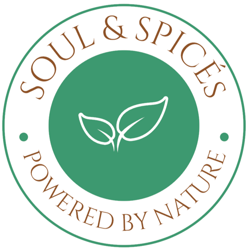 Logo of Soul & Spices with a green circle and leaf symbol on a white background
